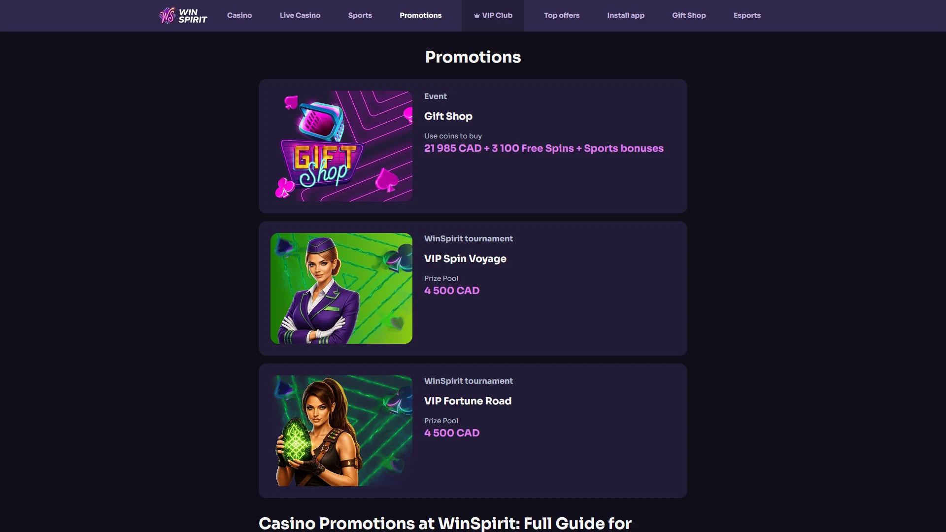 WinSpirit promotions page